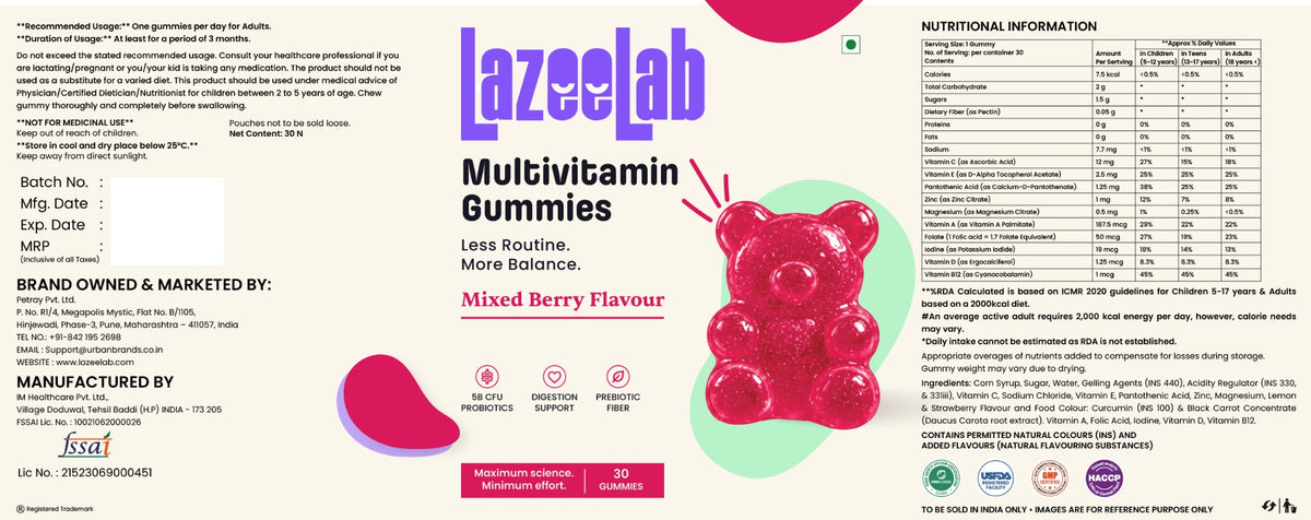 LazeeLab Multivitamin Gummies packaging label with ingredients and nutritional information