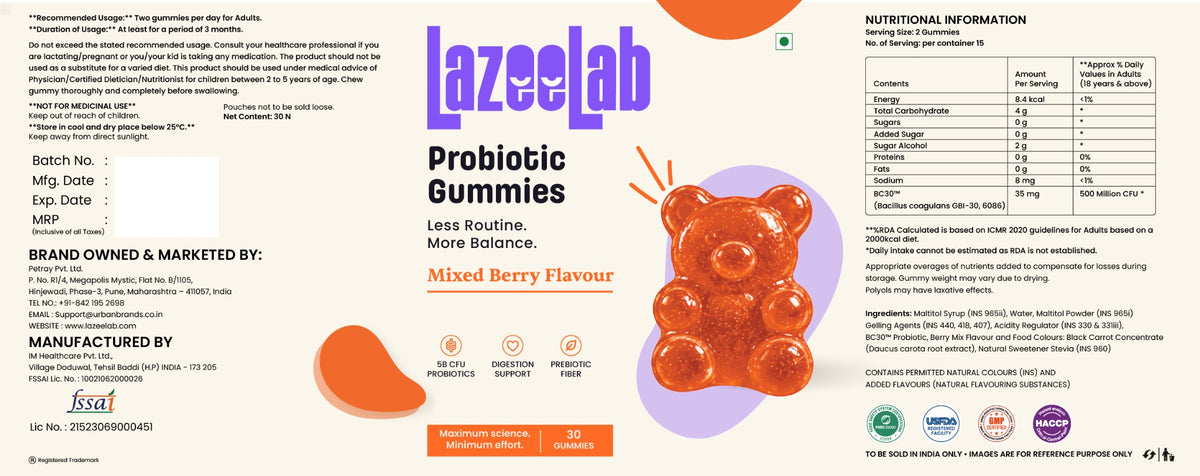 LazeeLab Probiotic Gummies packaging label with ingredients and nutritional information