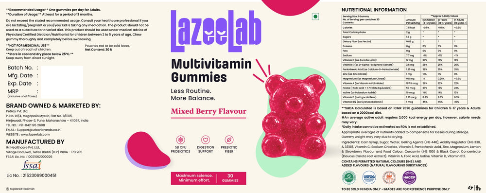 LazeeLab Multivitamin Gummies — Mixed Berry, 30 Gummies