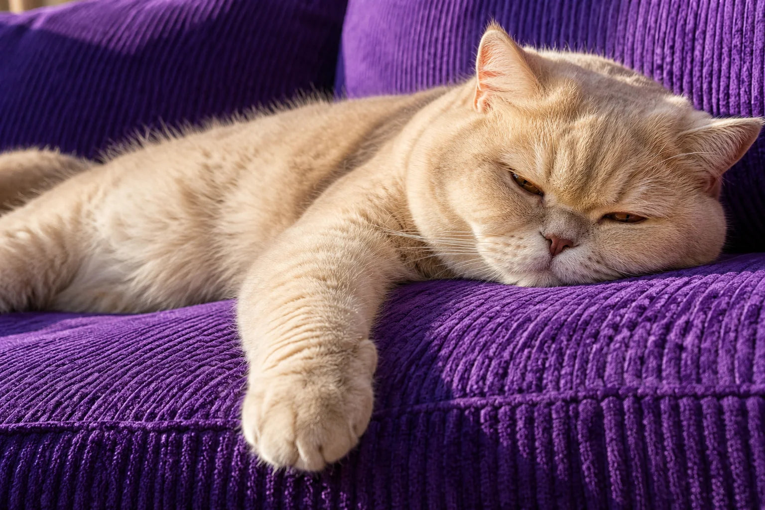 A sleepy cream cat relaxing on a purple sofa